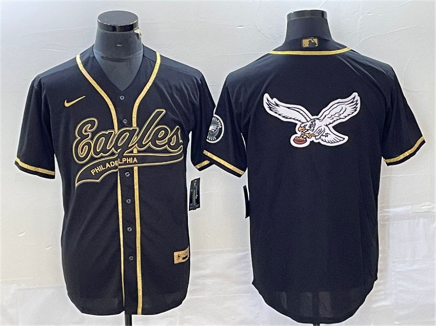 Men's Black Gold Philadelphia Eagles Team Big Logo Cool Base Stitched Baseball Jersey
